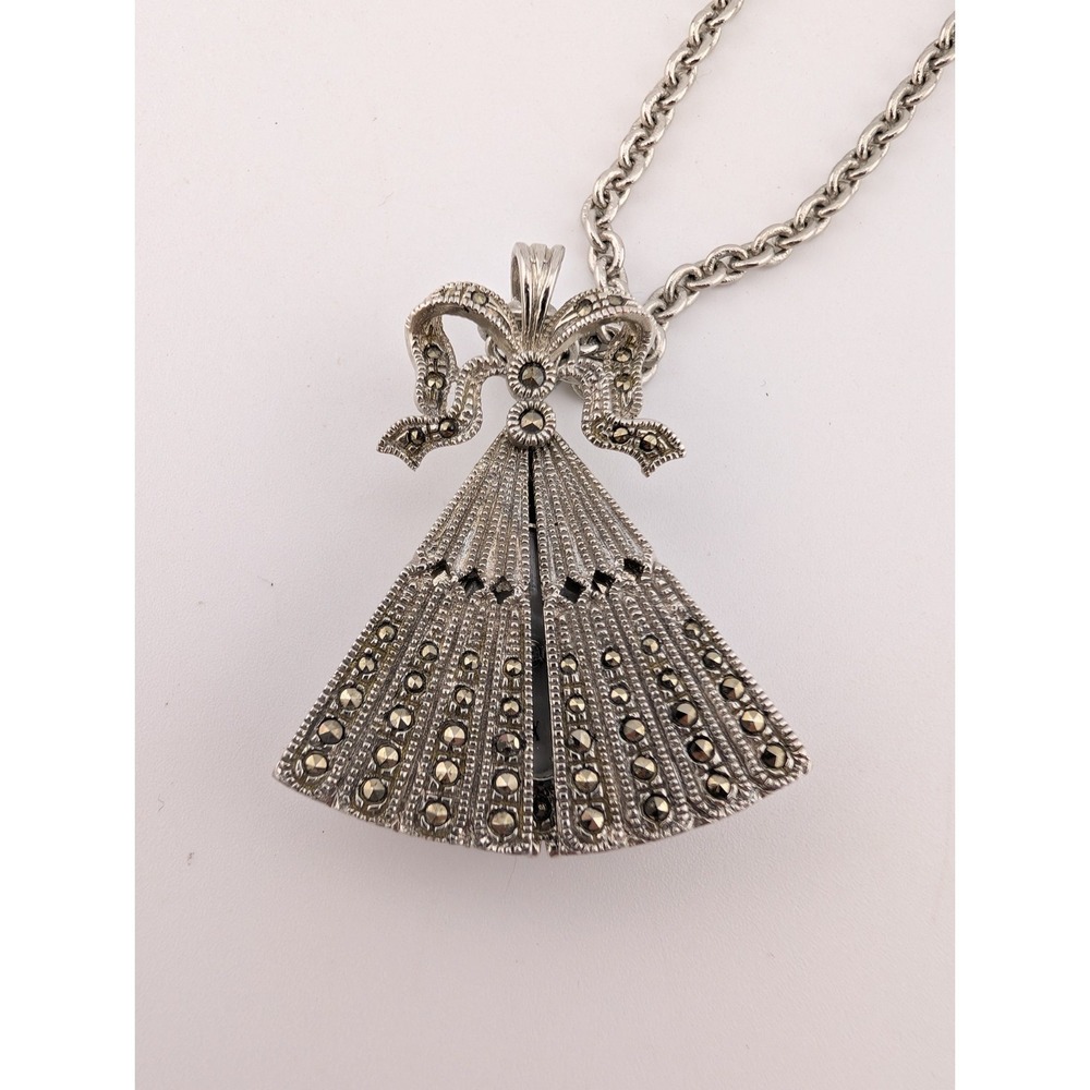 Vintage Art Deco Marcasite Watch Pendant MOP Dial Silver Tone Case- New Battery - Picture 3 of 5